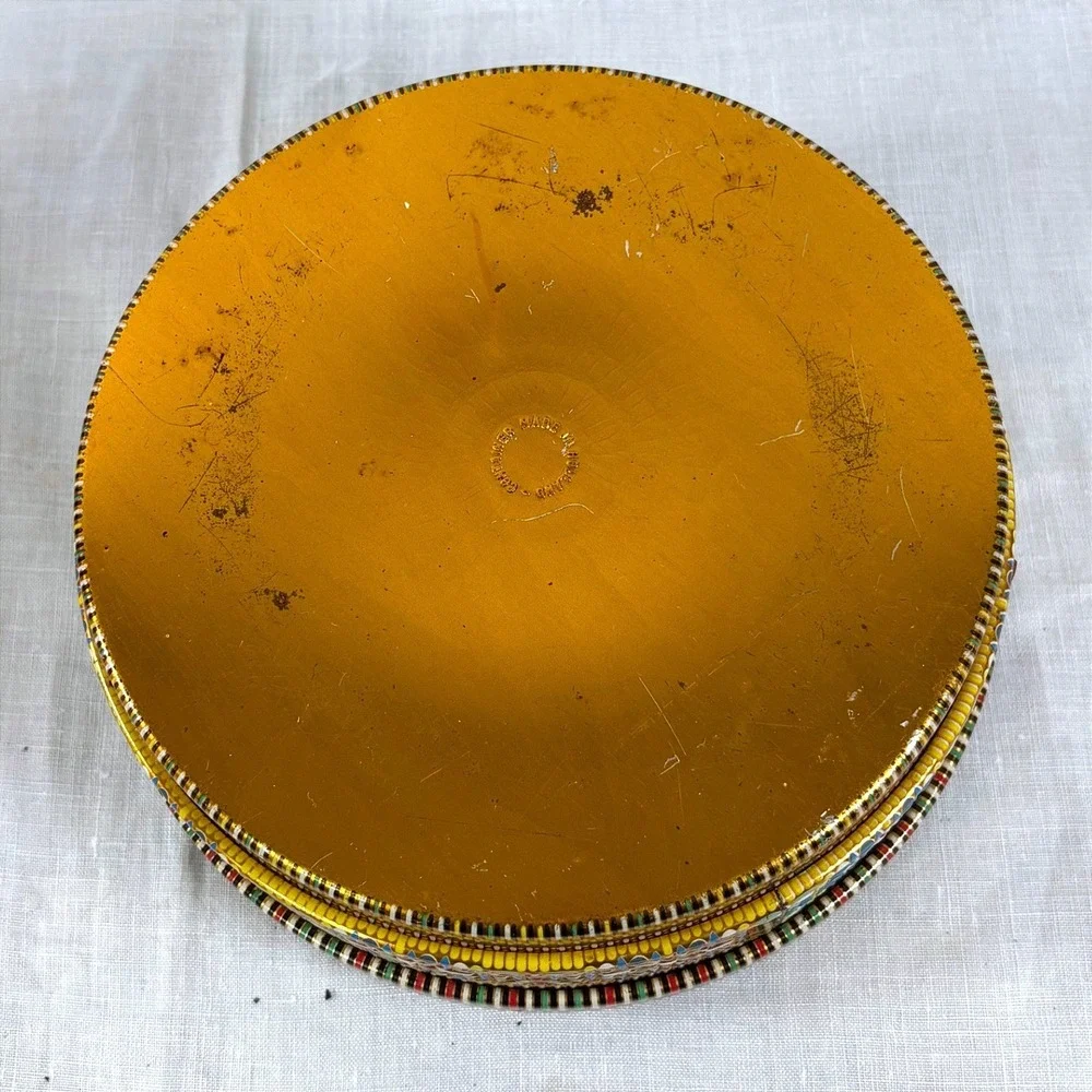 Vintage Container Made in Holland Round Floral Tin Gold Black Red Boho Folk Art
